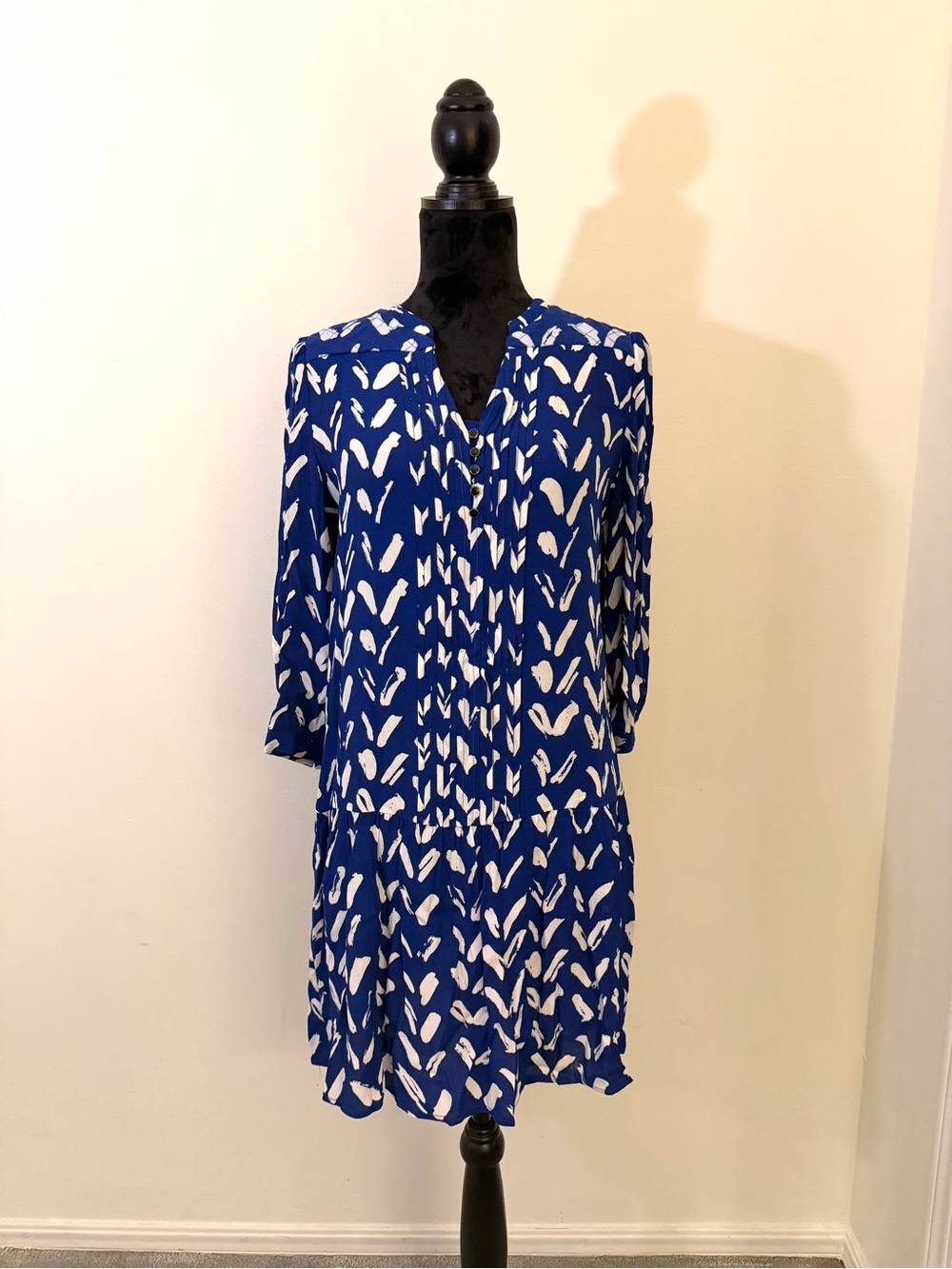 Maeve Royal Blue & White Printed V-Neck Tiered Midi Dress